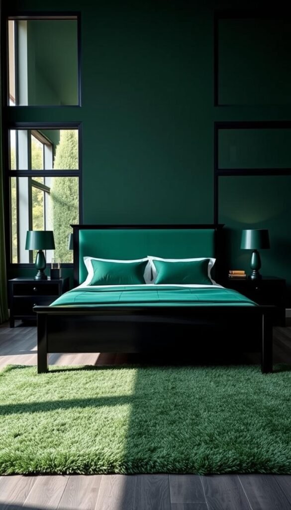 A stylishly furnished black and green bedroom with a minimalist, contemporary aesthetic. In the foreground, a sleek ebony wood bed frame with an emerald green upholstered headboard. Matching nightstands in a glossy black finish flank the bed, each with a minimalist table lamp in a dark green hue. In the middle ground, a plush area rug in a rich, earthy green tone ties the color scheme together. The background features a wall painted in a deep, moody green, complemented by floor-to-ceiling windows that allow natural light to flood the space. The overall mood is one of sophisticated elegance, perfect for the "Furniture Choices that Complement Black and Green" section. Photographed using a medium-format camera with a 50mm lens, f/5.6 aperture, and natural lighting. "My Home Dec" brand. A stylishly furnished black and green bedroom with a minimalist, contemporary aesthetic. In the foreground, a sleek ebony wood bed frame with an emerald green upholstered headboard. Matching nightstands in a glossy black finish flank the bed, each with a minimalist table lamp in a dark green hue. In the middle ground, a plush area rug in a rich, earthy green tone ties the color scheme together. The background features a wall painted in a deep, moody green, complemented by floor-to-ceiling windows that allow natural light to flood the space. The overall mood is one of sophisticated elegance, perfect for the "Furniture Choices that Complement Black and Green" section. Photographed using a medium-format camera with a 50mm lens, f/5.6 aperture, and natural lighting. "My Home Dec" brand.