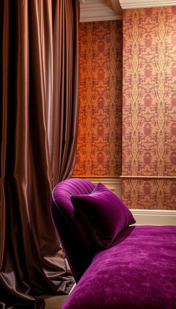 A sumptuous display of luxurious fabrics in a high-end interior design setting. In the foreground, cascading shimmering silk curtains in deep jewel tones, their folds and textures capturing the light. The middle ground features a plush velvet chaise lounge in a rich aubergine hue, complemented by a velvet pillow in a contrasting shade. In the background, a wall of ornate brocade wallpaper in a regal pattern, bathed in warm, golden lighting that casts a cozy glow. The scene emanates an air of sophisticated opulence, a perfect representation of the "Luxurious Fabric Choices" showcased in the "My Home Dec" article. A sumptuous display of luxurious fabrics in a high-end interior design setting. In the foreground, cascading shimmering silk curtains in deep jewel tones, their folds and textures capturing the light. The middle ground features a plush velvet chaise lounge in a rich aubergine hue, complemented by a velvet pillow in a contrasting shade. In the background, a wall of ornate brocade wallpaper in a regal pattern, bathed in warm, golden lighting that casts a cozy glow. The scene emanates an air of sophisticated opulence, a perfect representation of the "Luxurious Fabric Choices" showcased in the "My Home Dec" article.