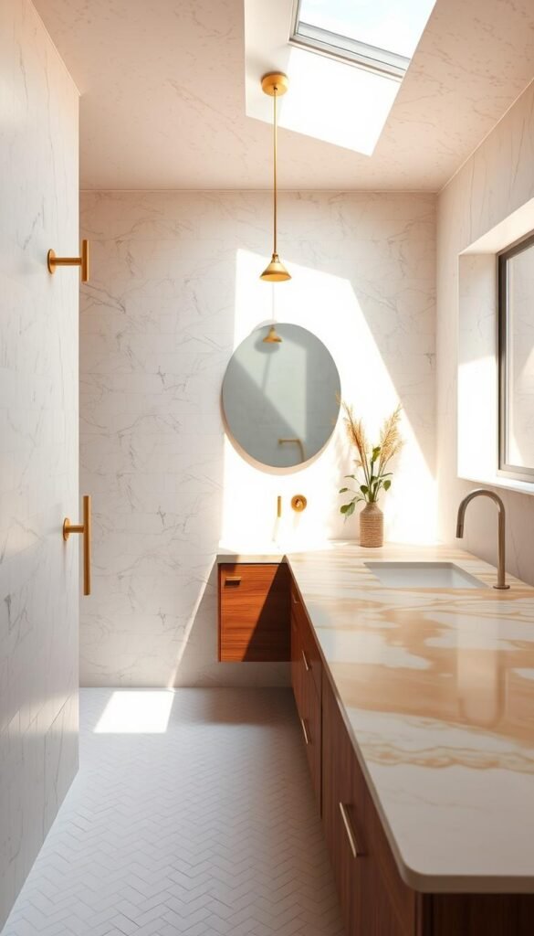 A sun-dappled mid-century modern bathroom, the warm glow of a brass fixture casting soft shadows on the textured travertine walls. Sleek white tiles in a herringbone pattern line the floor, their surface gently worn with the patina of time. The vanity countertop is a smooth slab of swirling, honey-toned onyx, complemented by the natural grain of the walnut cabinets. Overhead, a skylight filters in a diffused, golden light, creating a serene and inviting atmosphere. Subtle brushstrokes of color - a mosaic of deep blues and earthy greens - add depth and character to the space. This is the vision of "My Home Dec" - a timeless, mid-century modern bathroom where texture, light, and natural materials converge in perfect harmony. A sun-dappled mid-century modern bathroom, the warm glow of a brass fixture casting soft shadows on the textured travertine walls. Sleek white tiles in a herringbone pattern line the floor, their surface gently worn with the patina of time. The vanity countertop is a smooth slab of swirling, honey-toned onyx, complemented by the natural grain of the walnut cabinets. Overhead, a skylight filters in a diffused, golden light, creating a serene and inviting atmosphere. Subtle brushstrokes of color - a mosaic of deep blues and earthy greens - add depth and character to the space. This is the vision of "My Home Dec" - a timeless, mid-century modern bathroom where texture, light, and natural materials converge in perfect harmony.