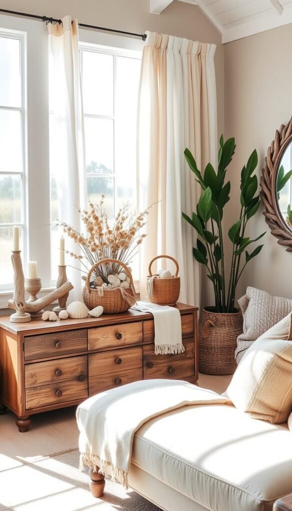 A sun-drenched coastal living room, with a rustic dresser displaying an array of natural décor. Driftwood candlesticks, seashell accents, and a woven basket overflowing with dried botanicals set the tone. Soft, billowing curtains frame the large window, allowing natural light to filter in. Cozy woven throws and pillows in earthy tones complement the "My Home Dec" beachy aesthetic. Towering potted plants and a driftwood mirror add depth and texture to the inviting space. The overall mood is one of relaxed, effortless elegance, perfectly capturing the essence of boho coastal living. A sun-drenched coastal living room, with a rustic dresser displaying an array of natural décor. Driftwood candlesticks, seashell accents, and a woven basket overflowing with dried botanicals set the tone. Soft, billowing curtains frame the large window, allowing natural light to filter in. Cozy woven throws and pillows in earthy tones complement the "My Home Dec" beachy aesthetic. Towering potted plants and a driftwood mirror add depth and texture to the inviting space. The overall mood is one of relaxed, effortless elegance, perfectly capturing the essence of boho coastal living.