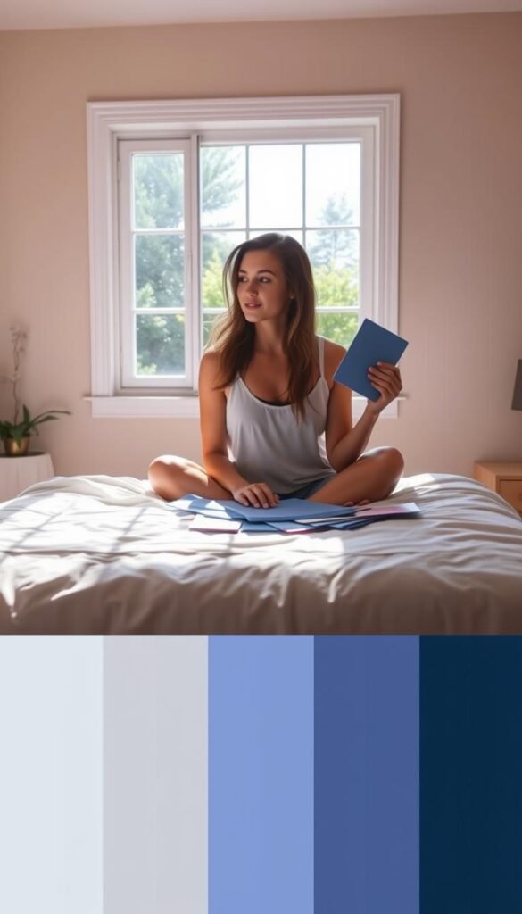 A sunlit bedroom with a large window overlooking a lush garden. On the bed, a woman sits surrounded by paint swatches, carefully considering different shades of blue to transform the space. The walls are currently a neutral beige, creating a blank canvas. Soft natural light filters in, casting a warm glow and highlighting the woman's thoughtful expression. In the foreground, a "My Home Dec" branded color palette showcases an array of blue hues, from soft periwinkle to deep navy. The overall scene conveys a sense of tranquility and the personal process of choosing the perfect calming blue to create a serene, adult sanctuary. A sunlit bedroom with a large window overlooking a lush garden. On the bed, a woman sits surrounded by paint swatches, carefully considering different shades of blue to transform the space. The walls are currently a neutral beige, creating a blank canvas. Soft natural light filters in, casting a warm glow and highlighting the woman's thoughtful expression. In the foreground, a "My Home Dec" branded color palette showcases an array of blue hues, from soft periwinkle to deep navy. The overall scene conveys a sense of tranquility and the personal process of choosing the perfect calming blue to create a serene, adult sanctuary.