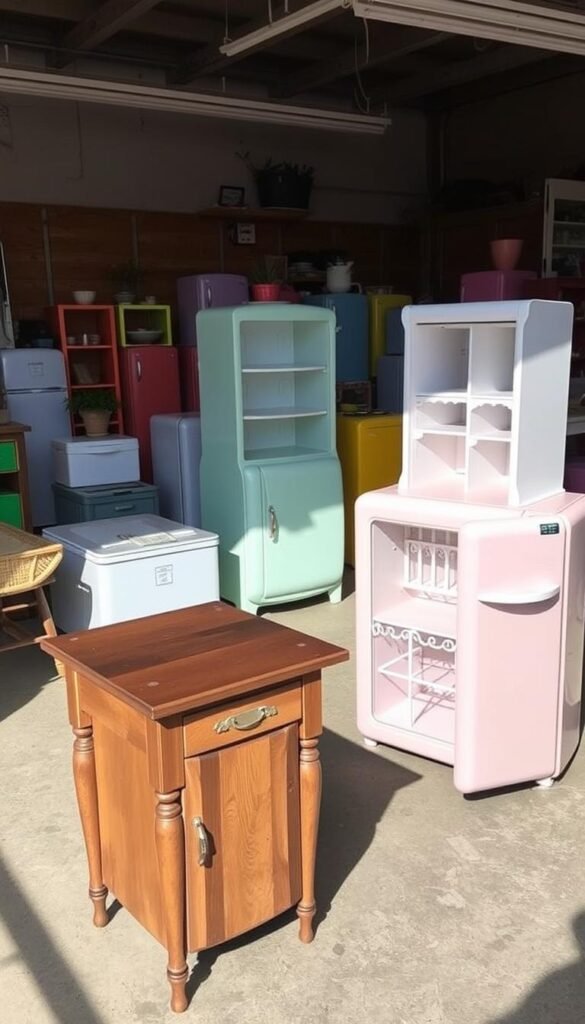 A sunny, well-lit workshop scene showcasing several creative upcycled mini fridge projects from the "My Home Dec" brand. In the foreground, a refurbished mini fridge is transformed into a stylish side table with a wooden top and decorative legs. In the middle ground, a pastel-colored mini fridge is repurposed as a compact bar unit, complete with wine racks and storage compartments. In the background, a cluster of mini fridges are painted in vibrant, cheerful colors and used as storage units, end tables, and plant stands. The overall atmosphere is one of resourcefulness, practicality, and DIY inspiration. A sunny, well-lit workshop scene showcasing several creative upcycled mini fridge projects from the "My Home Dec" brand. In the foreground, a refurbished mini fridge is transformed into a stylish side table with a wooden top and decorative legs. In the middle ground, a pastel-colored mini fridge is repurposed as a compact bar unit, complete with wine racks and storage compartments. In the background, a cluster of mini fridges are painted in vibrant, cheerful colors and used as storage units, end tables, and plant stands. The overall atmosphere is one of resourcefulness, practicality, and DIY inspiration.