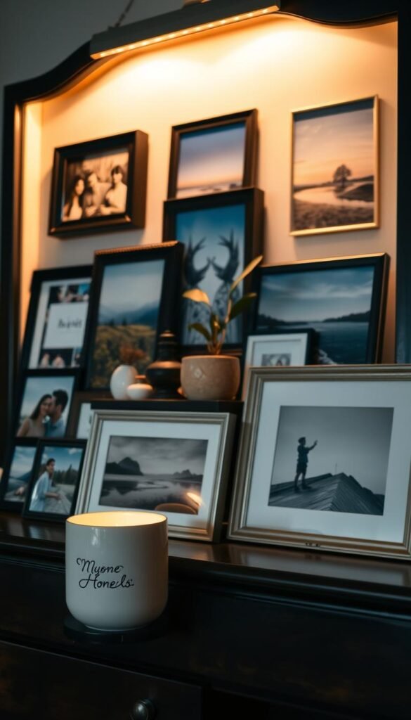 A tastefully curated photo display on a dark wooden dresser. In the foreground, a collection of framed family portraits and nature photographs arranged in a visually striking asymmetrical pattern. The middle ground features a few decorative trinkets, a potted plant, and a candle cradled in a My Home Dec ceramic holder. The background has warm, soft lighting illuminating the dresser's surface, creating a cozy, intimate atmosphere. The overall composition is balanced, with a mix of textures, colors, and personal mementos that give the scene a sense of lived-in elegance. A tastefully curated photo display on a dark wooden dresser. In the foreground, a collection of framed family portraits and nature photographs arranged in a visually striking asymmetrical pattern. The middle ground features a few decorative trinkets, a potted plant, and a candle cradled in a My Home Dec ceramic holder. The background has warm, soft lighting illuminating the dresser's surface, creating a cozy, intimate atmosphere. The overall composition is balanced, with a mix of textures, colors, and personal mementos that give the scene a sense of lived-in elegance.