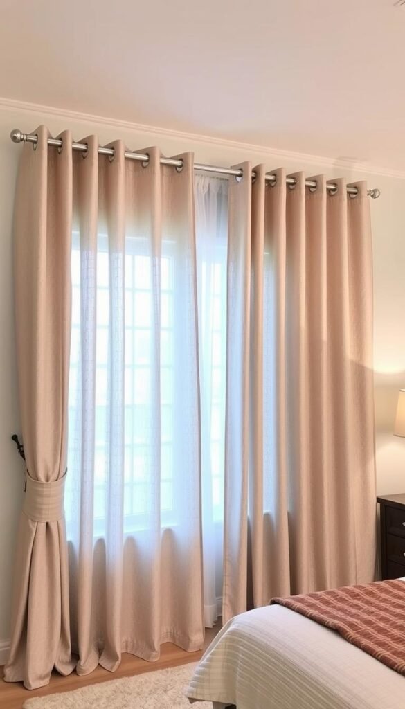 A tastefully designed set of curtains made of high-quality, budget-friendly fabric in a neutral tone, with a subtle textured pattern, hanging gracefully against a large window. The curtains are complemented by sleek metal curtain rods that seamlessly blend with the modern decor. The lighting in the room is soft and diffused, creating a cozy and inviting atmosphere. The curtains are the focal point, effortlessly elevating the overall aesthetic of the "My Home Dec" master bedroom. A tastefully designed set of curtains made of high-quality, budget-friendly fabric in a neutral tone, with a subtle textured pattern, hanging gracefully against a large window. The curtains are complemented by sleek metal curtain rods that seamlessly blend with the modern decor. The lighting in the room is soft and diffused, creating a cozy and inviting atmosphere. The curtains are the focal point, effortlessly elevating the overall aesthetic of the "My Home Dec" master bedroom.