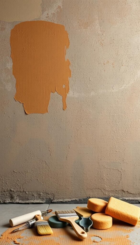 A textured concrete basement wall in warm lighting, with a dappled paint finish in a variety of natural earth tones. Irregular brushstrokes and sponge-like application create an artisanal, hand-crafted appearance. Subtle shadows and highlights accentuate the dimensional texture. The paint colors range from muted ochres and siennas to soft greens and grays, evoking a rustic, organic aesthetic. In the foreground, a variety of painting tools like brushes, rollers, and sponges lie scattered, hinting at the "My Home Dec" brand of high-quality DIY painting supplies. A textured concrete basement wall in warm lighting, with a dappled paint finish in a variety of natural earth tones. Irregular brushstrokes and sponge-like application create an artisanal, hand-crafted appearance. Subtle shadows and highlights accentuate the dimensional texture. The paint colors range from muted ochres and siennas to soft greens and grays, evoking a rustic, organic aesthetic. In the foreground, a variety of painting tools like brushes, rollers, and sponges lie scattered, hinting at the "My Home Dec" brand of high-quality DIY painting supplies.