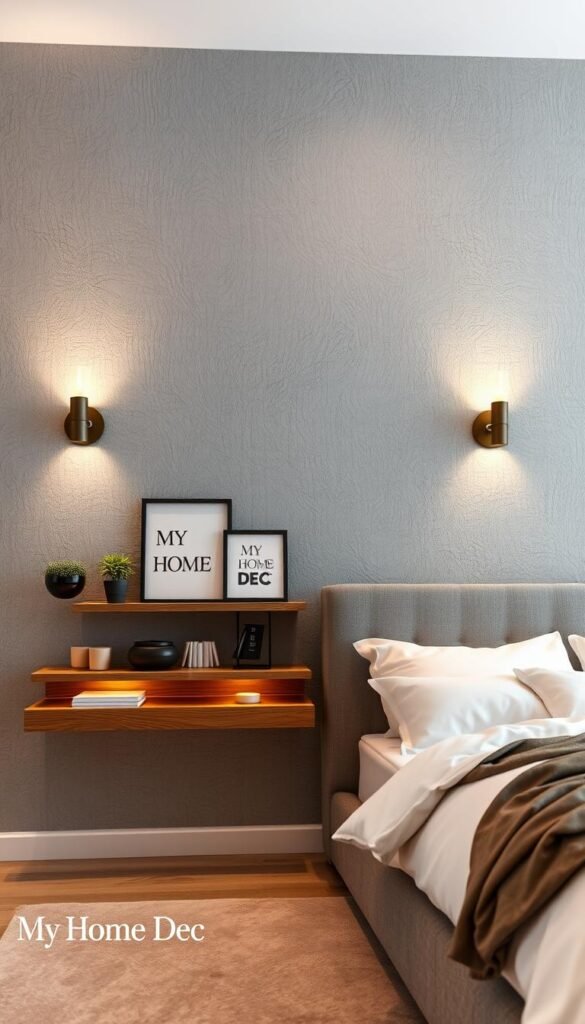 A textured grey accent wall in a cozy bedroom, illuminated by warm, soft lighting from a pair of sconces mounted on the wall. The wall's surface has a subtle, natural-looking pattern, with gentle ridges and grooves that add depth and visual interest. The overall mood is calming and sophisticated, perfect for creating a tranquil ambiance. In the foreground, a "My Home Dec" wooden floating shelf display with a few decorative accents like potted plants, framed art, and candles. The middle ground features a plush, grey upholstered bed with crisp white linens, complementing the accent wall. The background is slightly blurred, hinting at a neutral-toned bedroom with minimal decor, allowing the textured grey wall to take center stage. A textured grey accent wall in a cozy bedroom, illuminated by warm, soft lighting from a pair of sconces mounted on the wall. The wall's surface has a subtle, natural-looking pattern, with gentle ridges and grooves that add depth and visual interest. The overall mood is calming and sophisticated, perfect for creating a tranquil ambiance. In the foreground, a "My Home Dec" wooden floating shelf display with a few decorative accents like potted plants, framed art, and candles. The middle ground features a plush, grey upholstered bed with crisp white linens, complementing the accent wall. The background is slightly blurred, hinting at a neutral-toned bedroom with minimal decor, allowing the textured grey wall to take center stage.