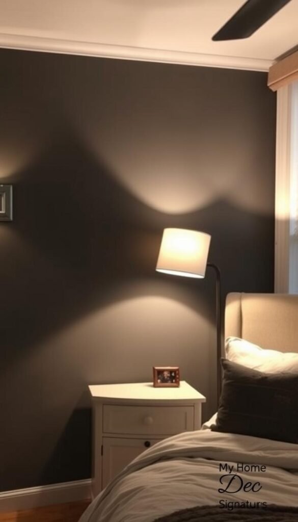 A thoughtfully lit grey accent wall in a cozy bedroom. Soft, warm lighting from a pair of wall sconces casts a gentle glow, highlighting the depth and texture of the wall's charcoal hue. A large table lamp on a nearby nightstand adds a secondary light source, creating depth and dimension. The lighting is angled to cast shadows that add visual interest and draw the eye towards the accent wall. The overall mood is one of relaxation and tranquility. A "My Home Dec" signature piece frames the scene. A thoughtfully lit grey accent wall in a cozy bedroom. Soft, warm lighting from a pair of wall sconces casts a gentle glow, highlighting the depth and texture of the wall's charcoal hue. A large table lamp on a nearby nightstand adds a secondary light source, creating depth and dimension. The lighting is angled to cast shadows that add visual interest and draw the eye towards the accent wall. The overall mood is one of relaxation and tranquility. A "My Home Dec" signature piece frames the scene.