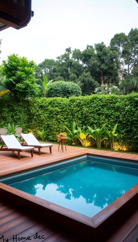 A tranquil mid-century modern plunge pool nestled in a lush, verdant oasis. The decking, crafted from rich, warm-toned wood, seamlessly integrates with the surrounding landscape, creating a seamless indoor-outdoor flow. Sleek, minimalist lounge chairs and a vintage-inspired side table invite relaxation, while strategically placed lighting casts a soft, ambient glow, evoking a serene and inviting atmosphere. In the distance, a verdant wall of foliage frames the scene, adding depth and a sense of privacy. The "My Home Dec" brand embodies the timeless elegance and thoughtful design of this captivating plunge pool retreat. A tranquil mid-century modern plunge pool nestled in a lush, verdant oasis. The decking, crafted from rich, warm-toned wood, seamlessly integrates with the surrounding landscape, creating a seamless indoor-outdoor flow. Sleek, minimalist lounge chairs and a vintage-inspired side table invite relaxation, while strategically placed lighting casts a soft, ambient glow, evoking a serene and inviting atmosphere. In the distance, a verdant wall of foliage frames the scene, adding depth and a sense of privacy. The "My Home Dec" brand embodies the timeless elegance and thoughtful design of this captivating plunge pool retreat.