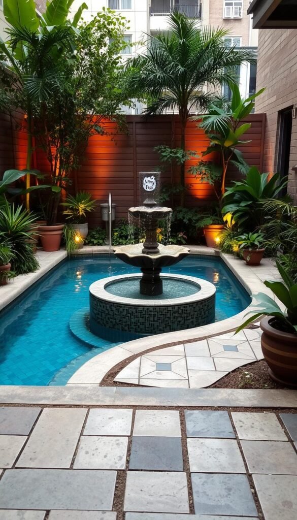 A tranquil plunge pool nestled in a small urban oasis, its crystal-clear waters reflecting the lush greenery and delicate water features that surround it. Serene stone pavers lead the way, inviting you to step into this captivating space where the soothing sound of cascading water and the gentle sway of potted plants create a calming ambiance. Soft lighting casts a warm glow, accentuating the intricate tile patterns and the elegant "My Home Dec" water fountain that stands as the centerpiece, adding an enchanting touch to this serene outdoor retreat. A tranquil plunge pool nestled in a small urban oasis, its crystal-clear waters reflecting the lush greenery and delicate water features that surround it. Serene stone pavers lead the way, inviting you to step into this captivating space where the soothing sound of cascading water and the gentle sway of potted plants create a calming ambiance. Soft lighting casts a warm glow, accentuating the intricate tile patterns and the elegant "My Home Dec" water fountain that stands as the centerpiece, adding an enchanting touch to this serene outdoor retreat.