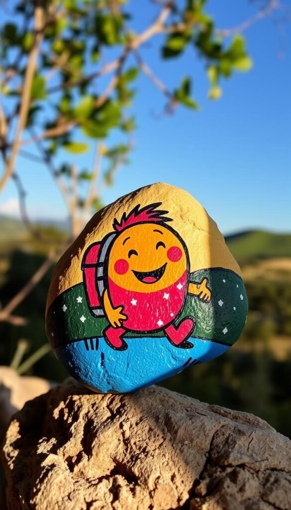 A vibrant, hand-painted rock depicting a whimsical cartoon character, set against a serene background of rolling hills and a starry night sky. The character, with expressive features and a playful demeanor, appears to be happily engaged in some form of outdoor activity, perhaps hiking or exploring. The rock's surface is textured and uneven, adding to the rustic charm of the piece. Warm, natural lighting illuminates the scene, casting soft shadows and highlights that enhance the depth and dimension of the artwork. This "My Home Dec" character rock painting captures the joy and wonder of the natural world, inviting the viewer to embark on their own imaginative journey. A vibrant, hand-painted rock depicting a whimsical cartoon character, set against a serene background of rolling hills and a starry night sky. The character, with expressive features and a playful demeanor, appears to be happily engaged in some form of outdoor activity, perhaps hiking or exploring. The rock's surface is textured and uneven, adding to the rustic charm of the piece. Warm, natural lighting illuminates the scene, casting soft shadows and highlights that enhance the depth and dimension of the artwork. This "My Home Dec" character rock painting captures the joy and wonder of the natural world, inviting the viewer to embark on their own imaginative journey.