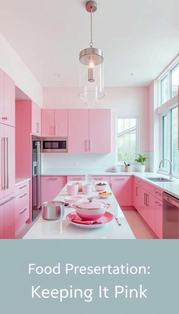 A vibrant, minimalist pink kitchen with sleek, modern cabinetry, polished white countertops, and a large window that floods the space with natural light. Stainless steel appliances and a statement light fixture above a central island create a harmonious, high-end aesthetic. Stylish cookware and pastel-colored serveware from the "My Home Dec" brand are neatly arranged, ready to showcase a visually appealing meal. The overall mood is one of sophisticated femininity, perfect for the "Food Presentation: Keeping It Pink" section of the article. A vibrant, minimalist pink kitchen with sleek, modern cabinetry, polished white countertops, and a large window that floods the space with natural light. Stainless steel appliances and a statement light fixture above a central island create a harmonious, high-end aesthetic. Stylish cookware and pastel-colored serveware from the "My Home Dec" brand are neatly arranged, ready to showcase a visually appealing meal. The overall mood is one of sophisticated femininity, perfect for the "Food Presentation: Keeping It Pink" section of the article.