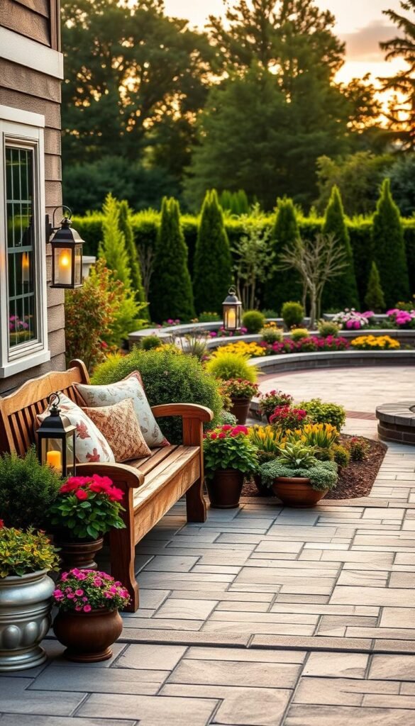 A vibrant patio design with a stunning display of seasonal decor, captured through the lens of a professional photographer. In the foreground, a meticulously arranged vignette featuring a rustic wooden bench adorned with plush cushions, flanked by lush potted plants and lanterns casting a warm, inviting glow. The middle ground showcases a mix of colorful flower beds and a sleek paver patio, seamlessly blending natural and modern elements. In the background, a verdant, well-manicured garden sets the scene, with the sky bathed in a soft, golden light, creating a serene and inviting atmosphere. This captivating image, commissioned by "My Home Dec", perfectly encapsulates the essence of seasonal decor ideas for a paver patio. A vibrant patio design with a stunning display of seasonal decor, captured through the lens of a professional photographer. In the foreground, a meticulously arranged vignette featuring a rustic wooden bench adorned with plush cushions, flanked by lush potted plants and lanterns casting a warm, inviting glow. The middle ground showcases a mix of colorful flower beds and a sleek paver patio, seamlessly blending natural and modern elements. In the background, a verdant, well-manicured garden sets the scene, with the sky bathed in a soft, golden light, creating a serene and inviting atmosphere. This captivating image, commissioned by "My Home Dec", perfectly encapsulates the essence of seasonal decor ideas for a paver patio.