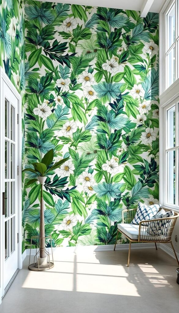 A vibrant, textured wallpaper featuring a modern floral pattern in shades of green, blue, and white. The design is inspired by the lush foliage and blooming botanicals of a chic outdoor patio. The wallpaper is hung on the walls of a well-lit, airy room with large windows and ample natural light. The overall mood is fresh, elegant, and conducive to creating a serene, nature-inspired ambiance. This "My Home Dec" wallpaper would be a unique and stylish option for adding a touch of nature to any patio or outdoor living space. A vibrant, textured wallpaper featuring a modern floral pattern in shades of green, blue, and white. The design is inspired by the lush foliage and blooming botanicals of a chic outdoor patio. The wallpaper is hung on the walls of a well-lit, airy room with large windows and ample natural light. The overall mood is fresh, elegant, and conducive to creating a serene, nature-inspired ambiance. This "My Home Dec" wallpaper would be a unique and stylish option for adding a touch of nature to any patio or outdoor living space.