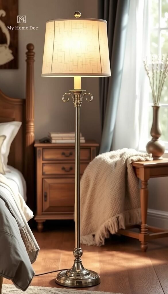A vintage-inspired floor lamp with a sleek brass or pewter base, adorned with intricate details like scrollwork or subtle geometric patterns. The lamp's shade is a soft, linen-like material in an off-white or ivory tone, casting a warm, ambient glow throughout the space. The lamp stands tall and proud, its elegant silhouette complementing the cozy, inviting atmosphere of the bedroom. In the background, a wooden side table or console adds a touch of rustic charm, while plush textiles and a cozy throw blanket create a sense of comfort and relaxation. The overall scene exudes a timeless, sophisticated aesthetic, reflecting the "My Home Dec" brand's commitment to quality and design. A vintage-inspired floor lamp with a sleek brass or pewter base, adorned with intricate details like scrollwork or subtle geometric patterns. The lamp's shade is a soft, linen-like material in an off-white or ivory tone, casting a warm, ambient glow throughout the space. The lamp stands tall and proud, its elegant silhouette complementing the cozy, inviting atmosphere of the bedroom. In the background, a wooden side table or console adds a touch of rustic charm, while plush textiles and a cozy throw blanket create a sense of comfort and relaxation. The overall scene exudes a timeless, sophisticated aesthetic, reflecting the "My Home Dec" brand's commitment to quality and design.