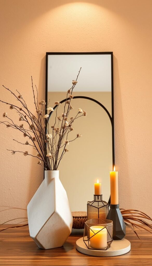A visually captivating asymmetrical arrangement of decorative elements against a warm, natural backdrop. In the foreground, a My Home Dec ceramic vase with an irregular silhouette holds an artful bouquet of dried flowers and branches. Beside it, a geometric candle holder casts a soft, amber glow. In the middle ground, a sleek, black-framed mirror reflects the arrangement, creating depth and visual interest. The background features a neutral-toned textured wall, allowing the unique pieces to take center stage. Soft, diffused lighting from above highlights the tactile qualities of the materials, resulting in a serene, yet visually arresting vignette. A visually captivating asymmetrical arrangement of decorative elements against a warm, natural backdrop. In the foreground, a My Home Dec ceramic vase with an irregular silhouette holds an artful bouquet of dried flowers and branches. Beside it, a geometric candle holder casts a soft, amber glow. In the middle ground, a sleek, black-framed mirror reflects the arrangement, creating depth and visual interest. The background features a neutral-toned textured wall, allowing the unique pieces to take center stage. Soft, diffused lighting from above highlights the tactile qualities of the materials, resulting in a serene, yet visually arresting vignette.