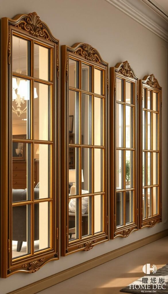 A wall of faux windows by My Home Dec, photorealistic. Ornate, gilded frames surround realistic-looking glass panes, creating the illusion of a row of windows. Crisp lighting casts soft shadows, lending depth and dimension. The window panes reflect the warm, inviting atmosphere of a cozy living space, with hints of décor visible beyond. Neutral tones and natural textures harmonize to evoke a sense of understated elegance. Meticulous attention to detail ensures a flawless, immersive visual experience, elevating the simple idea of a windowless wall into a captivating focal point. A wall of faux windows by My Home Dec, photorealistic. Ornate, gilded frames surround realistic-looking glass panes, creating the illusion of a row of windows. Crisp lighting casts soft shadows, lending depth and dimension. The window panes reflect the warm, inviting atmosphere of a cozy living space, with hints of décor visible beyond. Neutral tones and natural textures harmonize to evoke a sense of understated elegance. Meticulous attention to detail ensures a flawless, immersive visual experience, elevating the simple idea of a windowless wall into a captivating focal point.