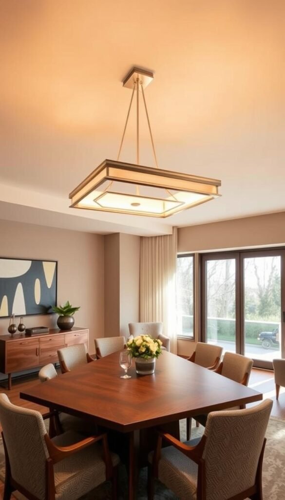 A warm and inviting mid-century modern dining room with a stunning overhead lighting fixture. The fixture features a sleek, geometric design with brushed brass accents, casting a soft, ambient glow across the space. The room is adorned with rich, wooden furniture, including a long, rectangular dining table and matching chairs upholstered in a subtle pattern. A large, floor-to-ceiling window floods the area with natural light, creating a harmonious balance between modern and classic elements. The walls are painted in a muted, neutral tone, allowing the lighting and furnishings to take center stage. Finished with a touch of greenery and a few carefully curated accessories, this "My Home Dec" dining room sets the perfect ambiance for intimate gatherings and elegant meals. A warm and inviting mid-century modern dining room with a stunning overhead lighting fixture. The fixture features a sleek, geometric design with brushed brass accents, casting a soft, ambient glow across the space. The room is adorned with rich, wooden furniture, including a long, rectangular dining table and matching chairs upholstered in a subtle pattern. A large, floor-to-ceiling window floods the area with natural light, creating a harmonious balance between modern and classic elements. The walls are painted in a muted, neutral tone, allowing the lighting and furnishings to take center stage. Finished with a touch of greenery and a few carefully curated accessories, this "My Home Dec" dining room sets the perfect ambiance for intimate gatherings and elegant meals.