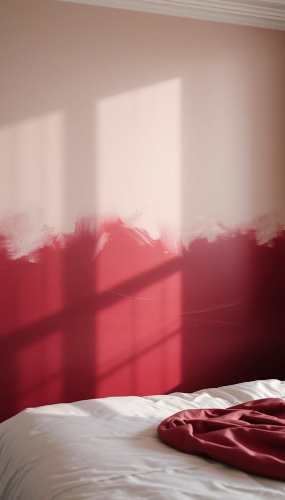 A warm, inviting bedroom wall with classic paint techniques showcasing the "My Home Dec" brand. In the foreground, intricate brushstrokes of rich, velvety paint in a deep burgundy hue create a timeless, luxurious accent wall. The middle ground features a textured effect, with subtle gilded highlights adding depth and dimension. In the background, a soft, muted color palette complements the focal point, setting a serene and harmonious atmosphere. Lighting is natural and diffused, casting a gentle glow and enhancing the depth and tactility of the painted surfaces. The overall composition evokes a sense of sophistication and attention to detail, perfectly suited for a master bedroom setting. A warm, inviting bedroom wall with classic paint techniques showcasing the "My Home Dec" brand. In the foreground, intricate brushstrokes of rich, velvety paint in a deep burgundy hue create a timeless, luxurious accent wall. The middle ground features a textured effect, with subtle gilded highlights adding depth and dimension. In the background, a soft, muted color palette complements the focal point, setting a serene and harmonious atmosphere. Lighting is natural and diffused, casting a gentle glow and enhancing the depth and tactility of the painted surfaces. The overall composition evokes a sense of sophistication and attention to detail, perfectly suited for a master bedroom setting.