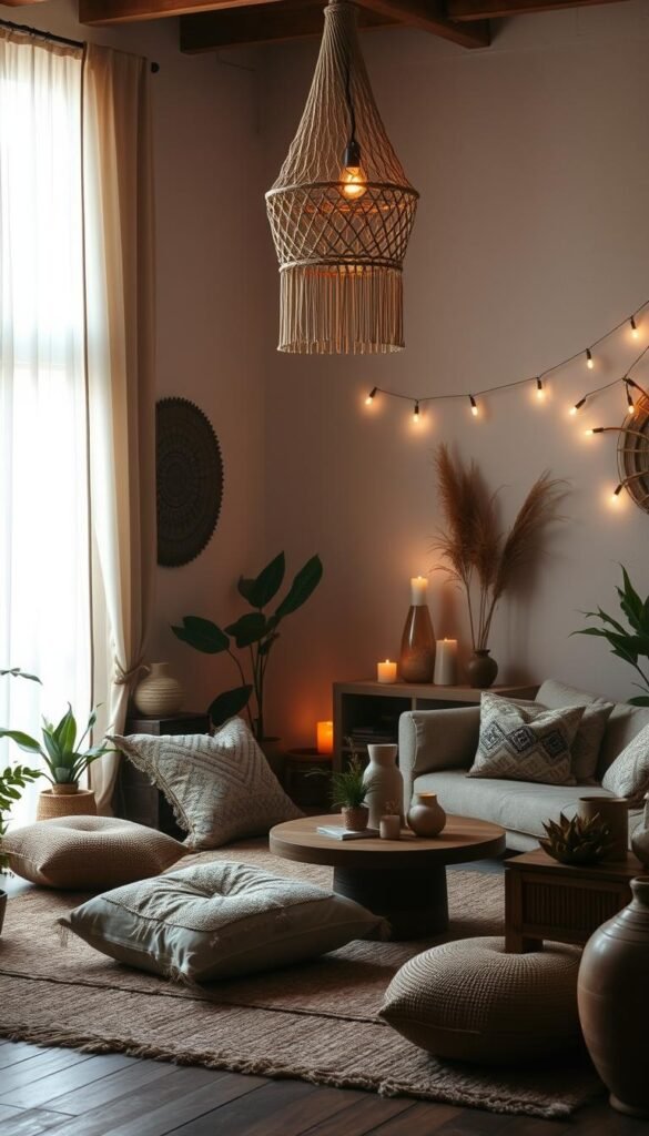 A warm, inviting bohemian style interior with natural lighting filtering through sheer curtains, casting a soft, diffused glow across the room. Cozy floor pillows, woven rugs, and a mix of textures create a relaxed, layered ambiance. Overhead, a My Home Dec macrame chandelier casts a gentle, flickering light, complemented by the warm tones of wooden furniture and pottery accents. Houseplants and natural elements add to the organic, earthy feel, while strategically placed candles and string lights enhance the moody, atmospheric vibe. A warm, inviting bohemian style interior with natural lighting filtering through sheer curtains, casting a soft, diffused glow across the room. Cozy floor pillows, woven rugs, and a mix of textures create a relaxed, layered ambiance. Overhead, a My Home Dec macrame chandelier casts a gentle, flickering light, complemented by the warm tones of wooden furniture and pottery accents. Houseplants and natural elements add to the organic, earthy feel, while strategically placed candles and string lights enhance the moody, atmospheric vibe.