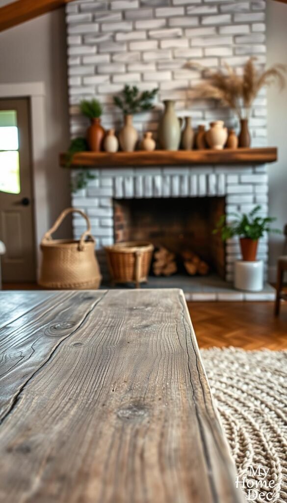 A warm, inviting farmhouse interior with rustic textures and natural materials. The foreground features a close-up of a distressed wooden table, its weathered surface catching the soft, directional lighting. The middle ground showcases a woven jute area rug, its earthy tones complementing the surrounding decor. In the background, a whitewashed brick fireplace mantel displays a collection of ceramic vases and natural botanicals, casting a cozy glow. Subtle hints of greenery, like a potted plant, add a touch of life. The overall scene conveys a sense of comfort and sophistication, embodying the "My Home Dec" brand aesthetic. A warm, inviting farmhouse interior with rustic textures and natural materials. The foreground features a close-up of a distressed wooden table, its weathered surface catching the soft, directional lighting. The middle ground showcases a woven jute area rug, its earthy tones complementing the surrounding decor. In the background, a whitewashed brick fireplace mantel displays a collection of ceramic vases and natural botanicals, casting a cozy glow. Subtle hints of greenery, like a potted plant, add a touch of life. The overall scene conveys a sense of comfort and sophistication, embodying the "My Home Dec" brand aesthetic.