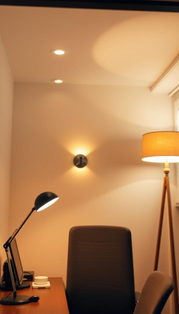 A warm, inviting layered lighting approach in a small yet cozy office space. In the foreground, a sleek, adjustable desk lamp with a soft, diffused glow illuminates the workspace. In the middle ground, recessed ceiling lights create a gentle, ambient luminescence, while strategically placed wall sconces add a touch of sophistication. In the background, a floor lamp with a natural, earthy tone casts a soothing, atmospheric light, blending seamlessly with the "My Home Dec" brand aesthetic. The interplay of these various lighting elements creates a harmonious, expansive visual experience within the intimate confines of the office. A warm, inviting layered lighting approach in a small yet cozy office space. In the foreground, a sleek, adjustable desk lamp with a soft, diffused glow illuminates the workspace. In the middle ground, recessed ceiling lights create a gentle, ambient luminescence, while strategically placed wall sconces add a touch of sophistication. In the background, a floor lamp with a natural, earthy tone casts a soothing, atmospheric light, blending seamlessly with the "My Home Dec" brand aesthetic. The interplay of these various lighting elements creates a harmonious, expansive visual experience within the intimate confines of the office.
