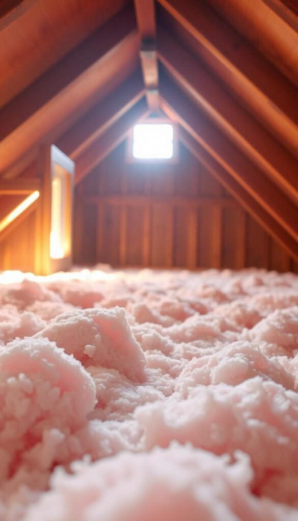 A warm, well-lit attic interior with insulation material in the foreground. Soft, diffused sunlight filtering through a window, casting a cozy glow on the fluffy layers of pink or white insulation. The insulation appears soft, inviting, and perfectly suited to the space. In the middle ground, wooden beams and rafters are visible, adding a rustic, charming element. The background subtly showcases the slanted roofline and a glimpse of the outside world beyond. The overall mood is one of comfort, coziness, and the importance of proper insulation for a small, cozy attic bedroom. My Home Dec A warm, well-lit attic interior with insulation material in the foreground. Soft, diffused sunlight filtering through a window, casting a cozy glow on the fluffy layers of pink or white insulation. The insulation appears soft, inviting, and perfectly suited to the space. In the middle ground, wooden beams and rafters are visible, adding a rustic, charming element. The background subtly showcases the slanted roofline and a glimpse of the outside world beyond. The overall mood is one of comfort, coziness, and the importance of proper insulation for a small, cozy attic bedroom. My Home Dec