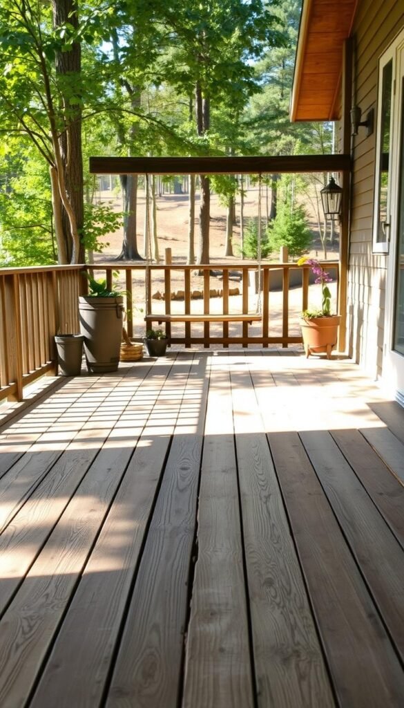 A weathered wooden deck situated in a serene, rustic outdoor setting. The deck features a mix of light and dark two-tone stains, creating a charming, time-worn aesthetic. Sunlight filters through the surrounding trees, casting soft, natural illumination across the scene. In the foreground, well-worn wooden planks and a vintage porch swing invite relaxation. The middle ground showcases a simple wooden railing, complemented by potted plants and natural décor. In the background, a lush forest landscape with earthy tones adds to the tranquil, countryside ambiance. The overall mood evokes a sense of cozy, countryside charm. "My Home Dec" rustic two-tone deck painting ideas. A weathered wooden deck situated in a serene, rustic outdoor setting. The deck features a mix of light and dark two-tone stains, creating a charming, time-worn aesthetic. Sunlight filters through the surrounding trees, casting soft, natural illumination across the scene. In the foreground, well-worn wooden planks and a vintage porch swing invite relaxation. The middle ground showcases a simple wooden railing, complemented by potted plants and natural décor. In the background, a lush forest landscape with earthy tones adds to the tranquil, countryside ambiance. The overall mood evokes a sense of cozy, countryside charm. "My Home Dec" rustic two-tone deck painting ideas.