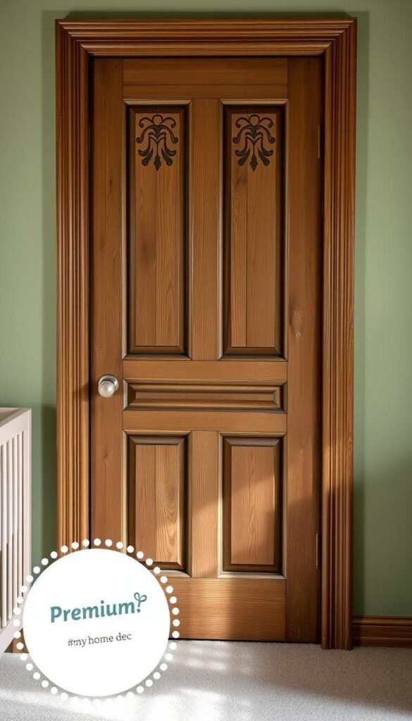 A weathered wooden door with intricate carved designs, standing in a serene sage green nursery setting. Soft natural lighting filters through leaded glass, casting a warm glow on the rustic textures. The door's sturdy oak frame is complemented by delicate floral carvings, inviting closer inspection. This premium "My Home Dec" offering exudes a sense of timeless charm, perfectly suited for a budget-friendly nursery project. A weathered wooden door with intricate carved designs, standing in a serene sage green nursery setting. Soft natural lighting filters through leaded glass, casting a warm glow on the rustic textures. The door's sturdy oak frame is complemented by delicate floral carvings, inviting closer inspection. This premium "My Home Dec" offering exudes a sense of timeless charm, perfectly suited for a budget-friendly nursery project.
