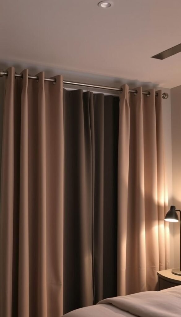A well-designed, functional curtain system in a serene, dimly lit master bedroom. The curtains are made of a luxurious, heavy-weight fabric in a calming, muted hue that beautifully blocks out unwanted light, creating a sanctuary for better sleep. The curtains are precisely tailored, with subtle pleats and a sophisticated rod pocket header, hung on sleek, brushed metal curtain rods. Soft, diffused lighting from a pair of minimalist bedside lamps casts a warm, inviting glow, complementing the curtains' cozy, light-blocking properties. The overall scene exudes a sense of tranquility and relaxation, ideal for a restful night's sleep. Designed by My Home Dec. A well-designed, functional curtain system in a serene, dimly lit master bedroom. The curtains are made of a luxurious, heavy-weight fabric in a calming, muted hue that beautifully blocks out unwanted light, creating a sanctuary for better sleep. The curtains are precisely tailored, with subtle pleats and a sophisticated rod pocket header, hung on sleek, brushed metal curtain rods. Soft, diffused lighting from a pair of minimalist bedside lamps casts a warm, inviting glow, complementing the curtains' cozy, light-blocking properties. The overall scene exudes a sense of tranquility and relaxation, ideal for a restful night's sleep. Designed by My Home Dec.