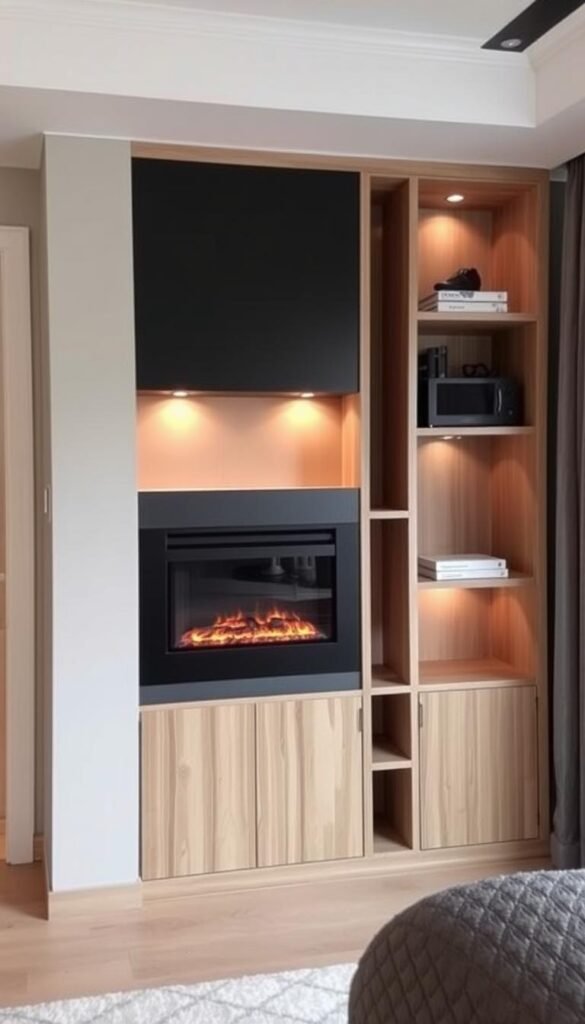 A well-designed, modern room divider electric fireplace by My Home Dec. The fireplace unit is a sleek, minimalist design with clean lines and a matte black finish, creating a focal point in the space. The fireplace is installed within a custom-built, freestanding room divider that acts as a partition between two areas of the room. The divider has a wooden frame with a mix of open shelving and closed storage compartments, allowing for both display and concealment. Soft, warm lighting from the fireplace casts a cozy glow, complemented by indirect lighting from the shelving. The overall scene conveys a sense of sophistication and intentional design, suitable for a contemporary master bedroom setting. A well-designed, modern room divider electric fireplace by My Home Dec. The fireplace unit is a sleek, minimalist design with clean lines and a matte black finish, creating a focal point in the space. The fireplace is installed within a custom-built, freestanding room divider that acts as a partition between two areas of the room. The divider has a wooden frame with a mix of open shelving and closed storage compartments, allowing for both display and concealment. Soft, warm lighting from the fireplace casts a cozy glow, complemented by indirect lighting from the shelving. The overall scene conveys a sense of sophistication and intentional design, suitable for a contemporary master bedroom setting.