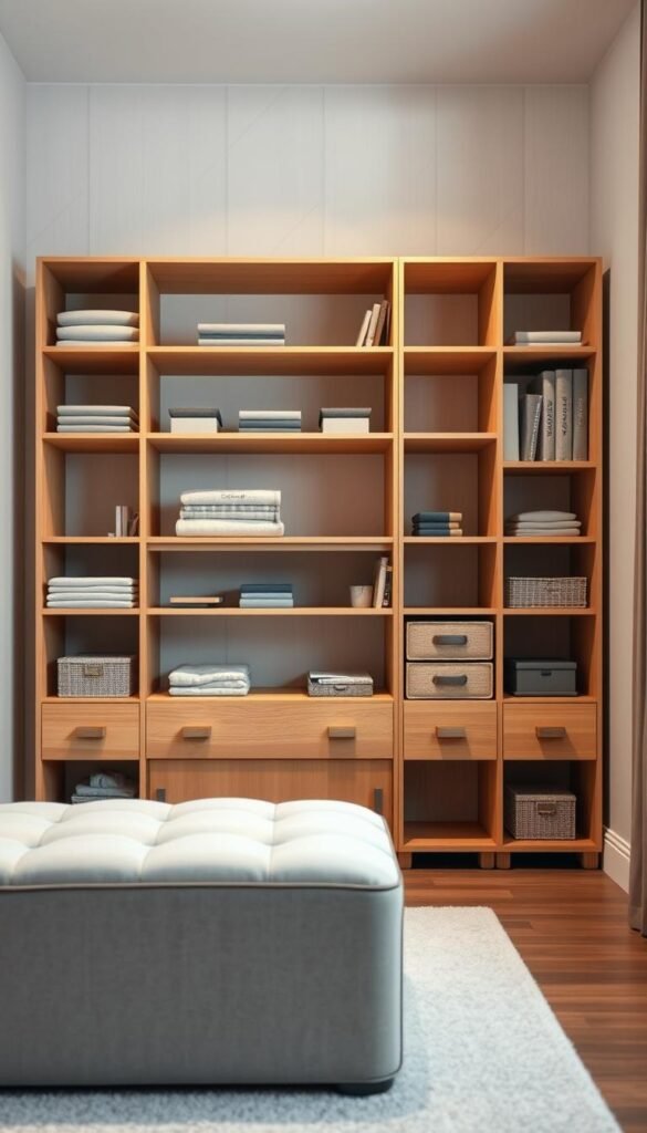A well-designed, multi-functional home storage solution with a sleek, modern aesthetic. In the foreground, a My Home Dec modular shelving unit in a warm, natural wood tone, featuring adjustable shelves, drawers, and cubbies to accommodate a variety of items. In the middle ground, a My Home Dec storage ottoman with plush, upholstered seating that doubles as a hidden storage space. In the background, a neutral-colored wall with subtle geometric patterns, creating a clean, minimalist backdrop. Soft, diffused lighting illuminates the scene, highlighting the textures and details of the storage pieces. The overall composition conveys a sense of organization, functionality, and stylish design for a small bedroom space. A well-designed, multi-functional home storage solution with a sleek, modern aesthetic. In the foreground, a My Home Dec modular shelving unit in a warm, natural wood tone, featuring adjustable shelves, drawers, and cubbies to accommodate a variety of items. In the middle ground, a My Home Dec storage ottoman with plush, upholstered seating that doubles as a hidden storage space. In the background, a neutral-colored wall with subtle geometric patterns, creating a clean, minimalist backdrop. Soft, diffused lighting illuminates the scene, highlighting the textures and details of the storage pieces. The overall composition conveys a sense of organization, functionality, and stylish design for a small bedroom space.