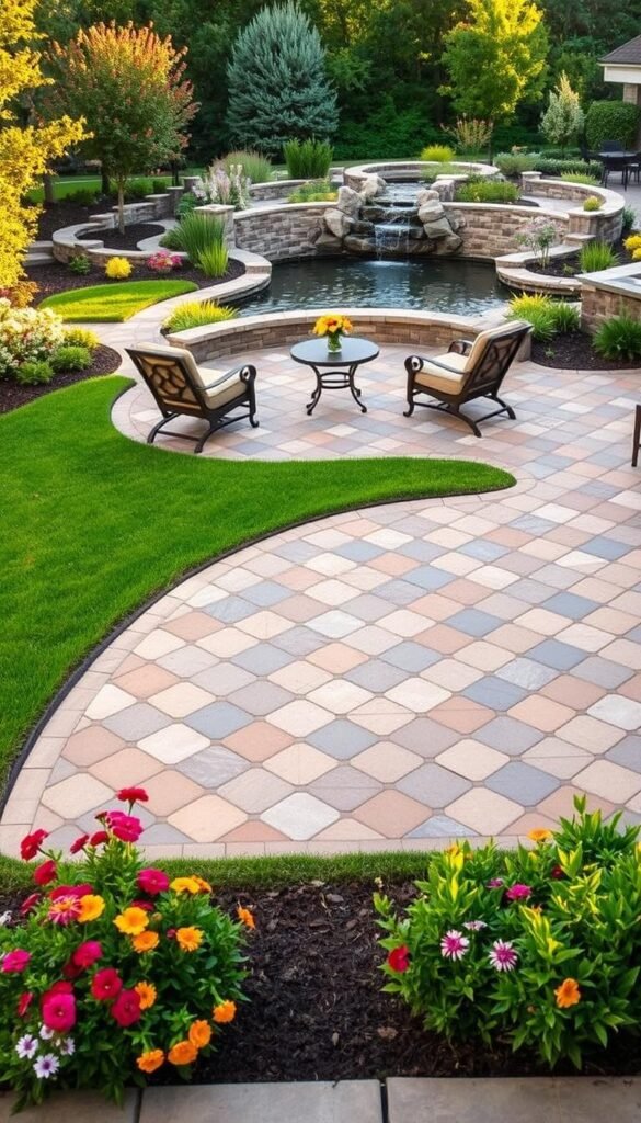 A well-designed paver patio with an intricate pattern of hexagons, diamonds, and rectangles in natural stone tones. The patio is set against a lush, manicured lawn and surrounded by vibrant flower beds in the foreground. The middle ground features a stylish outdoor furniture set in wood and wrought iron, while the background showcases a tranquil pond with a cascading waterfall. The scene is bathed in warm, golden afternoon light, creating a serene and inviting atmosphere. "My Home Dec" paver patio designs. A well-designed paver patio with an intricate pattern of hexagons, diamonds, and rectangles in natural stone tones. The patio is set against a lush, manicured lawn and surrounded by vibrant flower beds in the foreground. The middle ground features a stylish outdoor furniture set in wood and wrought iron, while the background showcases a tranquil pond with a cascading waterfall. The scene is bathed in warm, golden afternoon light, creating a serene and inviting atmosphere. "My Home Dec" paver patio designs.