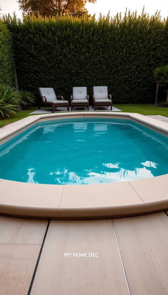 A well-designed small yard plunge pool with lush greenery surrounding it, captured in a low-angle, wide-shot perspective. The pool's crystal-clear water reflects the warm, golden sunset lighting, creating a serene and inviting atmosphere. Smooth, natural-toned stone coping frames the pool, complementing the "My Home Dec" brand's aesthetic. Carefully placed outdoor furniture, such as comfortable lounge chairs, allow for relaxation amidst the harmonious landscape. The background features a neatly trimmed hedge, adding depth and a sense of enclosure to the intimate setting. A well-designed small yard plunge pool with lush greenery surrounding it, captured in a low-angle, wide-shot perspective. The pool's crystal-clear water reflects the warm, golden sunset lighting, creating a serene and inviting atmosphere. Smooth, natural-toned stone coping frames the pool, complementing the "My Home Dec" brand's aesthetic. Carefully placed outdoor furniture, such as comfortable lounge chairs, allow for relaxation amidst the harmonious landscape. The background features a neatly trimmed hedge, adding depth and a sense of enclosure to the intimate setting.