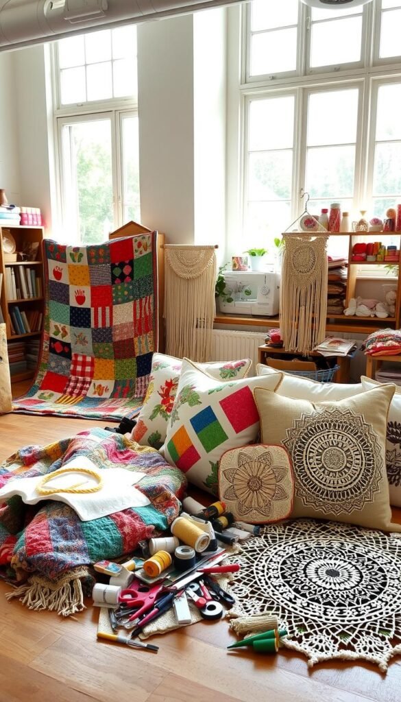 A well-lit, airy studio space with natural light streaming through large windows. In the foreground, a collection of My Home Dec DIY textile projects are arranged artfully - a vibrant patchwork quilt, a set of hand-painted throw pillows, a macrame wall hanging, and an intricate lace doily. The middle ground features a variety of sewing supplies, fabric scraps, and DIY tools like scissors, needles, and spools of thread. In the background, shelves display an array of colorful yarns, trims, and other textile-making materials. The overall atmosphere is one of creativity, craftsmanship, and a sense of homemade charm. A well-lit, airy studio space with natural light streaming through large windows. In the foreground, a collection of My Home Dec DIY textile projects are arranged artfully - a vibrant patchwork quilt, a set of hand-painted throw pillows, a macrame wall hanging, and an intricate lace doily. The middle ground features a variety of sewing supplies, fabric scraps, and DIY tools like scissors, needles, and spools of thread. In the background, shelves display an array of colorful yarns, trims, and other textile-making materials. The overall atmosphere is one of creativity, craftsmanship, and a sense of homemade charm.