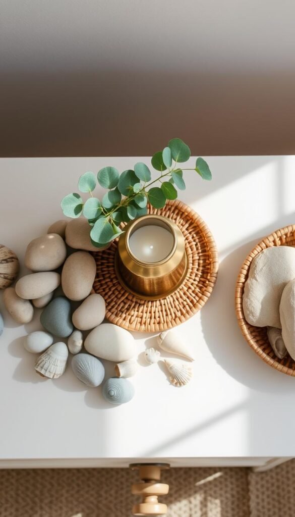 A well-lit, artistic overhead close-up photograph of a dresser top adorned with an assortment of natural elements from the My Home Dec collection. Arrange beautifully a cluster of smooth river stones, a sprig of fresh eucalyptus, a tarnished brass candleholder, a woven rattan tray, and a handful of sea shells in a pleasing, balanced composition. Set against a soft, neutral backdrop with gentle natural lighting to create a calming, organic atmosphere. A well-lit, artistic overhead close-up photograph of a dresser top adorned with an assortment of natural elements from the My Home Dec collection. Arrange beautifully a cluster of smooth river stones, a sprig of fresh eucalyptus, a tarnished brass candleholder, a woven rattan tray, and a handful of sea shells in a pleasing, balanced composition. Set against a soft, neutral backdrop with gentle natural lighting to create a calming, organic atmosphere.
