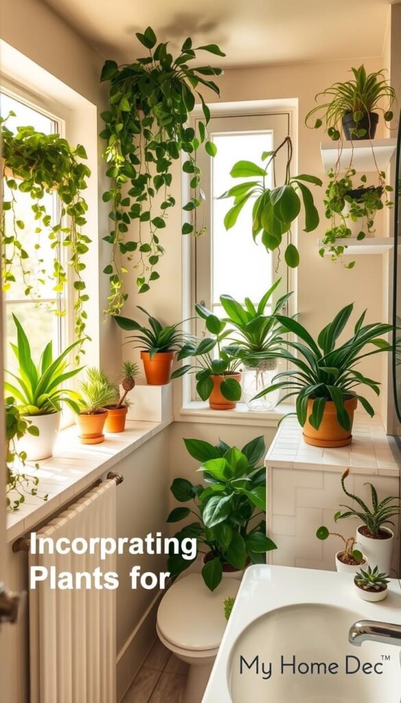 A well-lit bathroom interior with a variety of lush, thriving indoor plants arranged in a visually appealing manner. The plants should include a mix of trailing vines, broad-leaved species, and small potted succulents, strategically placed on shelves, windowsills, and vanity countertops. The lighting should be warm and natural, creating a serene, spa-like ambiance. The overall scene should convey a sense of freshness, tranquility, and a connection to nature, reflecting the "Incorporating Plants for Freshness" section title. Branding: "My Home Dec" A well-lit bathroom interior with a variety of lush, thriving indoor plants arranged in a visually appealing manner. The plants should include a mix of trailing vines, broad-leaved species, and small potted succulents, strategically placed on shelves, windowsills, and vanity countertops. The lighting should be warm and natural, creating a serene, spa-like ambiance. The overall scene should convey a sense of freshness, tranquility, and a connection to nature, reflecting the "Incorporating Plants for Freshness" section title. Branding: "My Home Dec"
