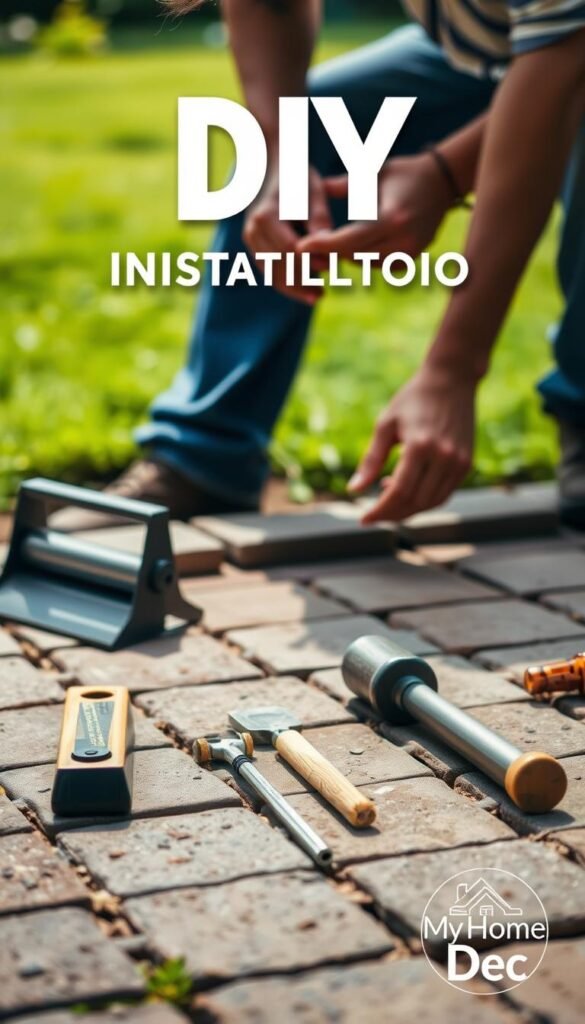 A well-lit, carefully composed scene showcasing a DIY patio installation process. In the foreground, a skilled homeowner meticulously lays down interlocking pavers, their hands deftly arranging the stones. In the middle ground, various patio installation tools are neatly organized, including a tamper, a level, and a rubber mallet. The background features a lush, verdant yard, with the "My Home Dec" logo subtly visible in the corner, indicating the homeowner's commitment to practical and attractive outdoor living solutions. The overall mood is one of focused, methodical effort, with a touch of pride in the DIY accomplishment. A well-lit, carefully composed scene showcasing a DIY patio installation process. In the foreground, a skilled homeowner meticulously lays down interlocking pavers, their hands deftly arranging the stones. In the middle ground, various patio installation tools are neatly organized, including a tamper, a level, and a rubber mallet. The background features a lush, verdant yard, with the "My Home Dec" logo subtly visible in the corner, indicating the homeowner's commitment to practical and attractive outdoor living solutions. The overall mood is one of focused, methodical effort, with a touch of pride in the DIY accomplishment.