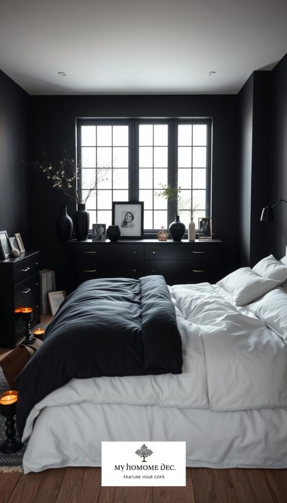 A well-lit, cozy black bedroom with soft lighting and minimal decor. In the foreground, a neatly made bed with crisp white linens and a plush black duvet. Scattered around the room are decorative black vases, picture frames, and candles, casting a warm, inviting glow. The middle ground features a sleek, modern dresser and nightstand in a matte black finish. In the background, a large window allows natural light to filter in, creating a serene, tranquil atmosphere. The overall mood is sophisticated, relaxing, and conducive to rest and relaxation. My Home Dec brand featured. A well-lit, cozy black bedroom with soft lighting and minimal decor. In the foreground, a neatly made bed with crisp white linens and a plush black duvet. Scattered around the room are decorative black vases, picture frames, and candles, casting a warm, inviting glow. The middle ground features a sleek, modern dresser and nightstand in a matte black finish. In the background, a large window allows natural light to filter in, creating a serene, tranquil atmosphere. The overall mood is sophisticated, relaxing, and conducive to rest and relaxation. My Home Dec brand featured.