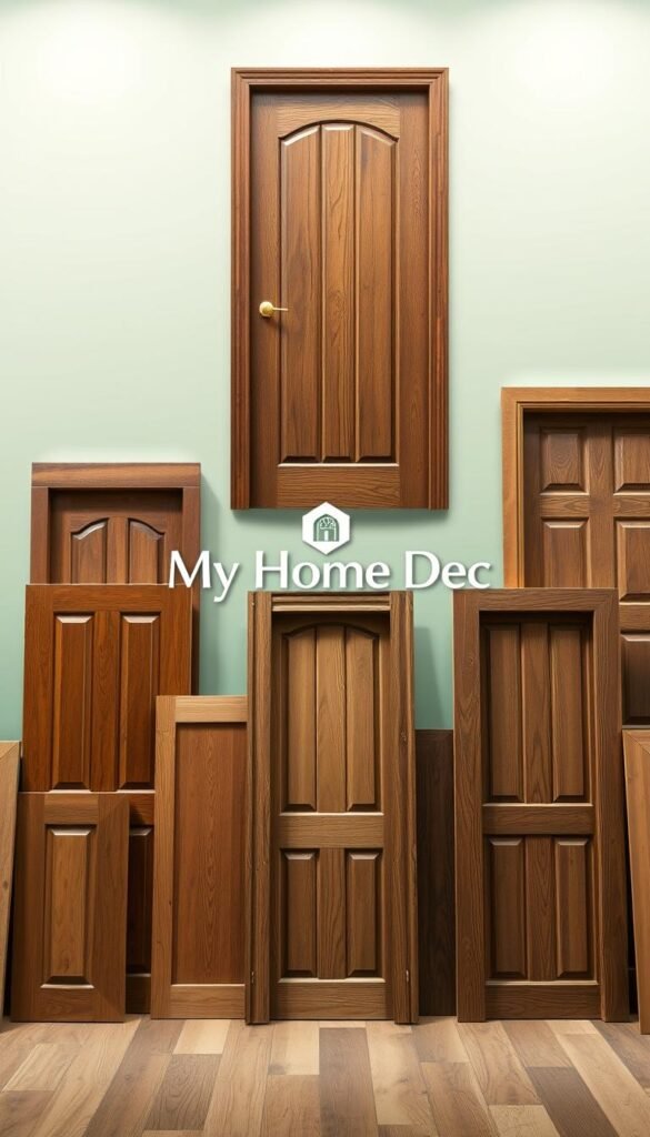 A well-lit, high-resolution photograph showcasing a variety of wooden door types in a serene, calming setting. The foreground features a selection of wooden doors in various styles, including rustic, traditional, and modern designs. The middle ground highlights the rich grains, textures, and natural hues of the wood, while the background depicts a tranquil, sage green nursery-inspired backdrop, creating a sense of warmth and sophistication. Captured with a DSLR camera, the image is lighted to accentuate the intricate details and the overall aesthetic. Prominently displayed is the "My Home Dec" brand, reflecting the high-quality and designer-curated nature of the wooden doors. A well-lit, high-resolution photograph showcasing a variety of wooden door types in a serene, calming setting. The foreground features a selection of wooden doors in various styles, including rustic, traditional, and modern designs. The middle ground highlights the rich grains, textures, and natural hues of the wood, while the background depicts a tranquil, sage green nursery-inspired backdrop, creating a sense of warmth and sophistication. Captured with a DSLR camera, the image is lighted to accentuate the intricate details and the overall aesthetic. Prominently displayed is the "My Home Dec" brand, reflecting the high-quality and designer-curated nature of the wooden doors.