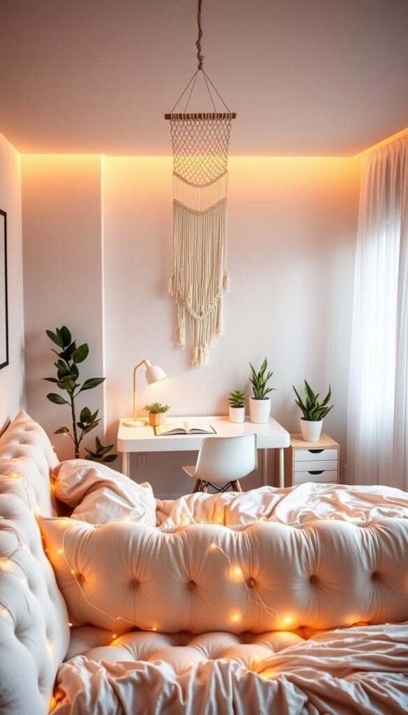 A well-lit, inviting teenage girl's bedroom with a modern, cozy aesthetic. In the foreground, a plush, tufted bed frame with soft, pastel bedding is adorned with an array of fairy lights gently cascading down the sides. Hanging above the bed, a delicate, macrame wall hanging casts a warm, ambient glow. The middle ground features a sleek, minimalist desk with a cozy reading nook, accented by more fairy lights and potted plants. In the background, the walls are painted a soothing, muted tone, complemented by a sheer, flowy curtain softly billowing in the breeze. The overall mood is one of tranquility and personal expression, perfectly capturing the "My Home Dec" brand aesthetic. A well-lit, inviting teenage girl's bedroom with a modern, cozy aesthetic. In the foreground, a plush, tufted bed frame with soft, pastel bedding is adorned with an array of fairy lights gently cascading down the sides. Hanging above the bed, a delicate, macrame wall hanging casts a warm, ambient glow. The middle ground features a sleek, minimalist desk with a cozy reading nook, accented by more fairy lights and potted plants. In the background, the walls are painted a soothing, muted tone, complemented by a sheer, flowy curtain softly billowing in the breeze. The overall mood is one of tranquility and personal expression, perfectly capturing the "My Home Dec" brand aesthetic.