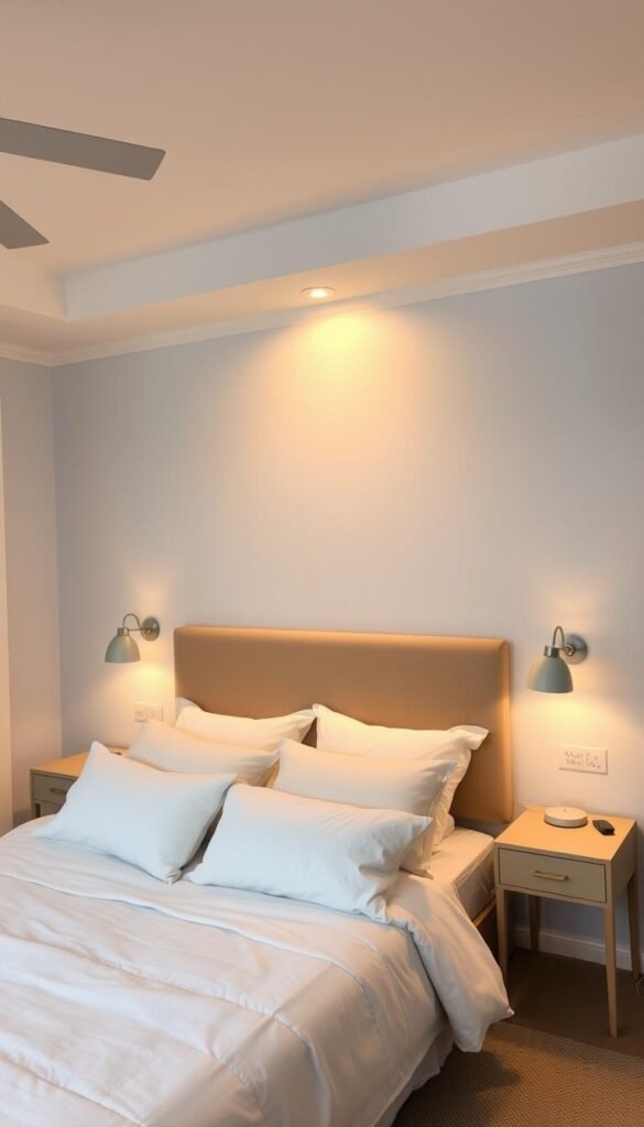 A well-lit light blue bedroom with a soft, tranquil ambiance. Warm, gentle overhead lighting casts a calming glow, accentuating the serene hues of the walls and bedding. Subtle sconces on the nightstands provide additional illumination, creating a cozy, intimate atmosphere. The bedroom is captured from a slightly elevated angle, showcasing the harmonious blend of lighting and the My Home Dec décor. An inviting, relaxing space that embodies the essence of a light blue bedroom. A well-lit light blue bedroom with a soft, tranquil ambiance. Warm, gentle overhead lighting casts a calming glow, accentuating the serene hues of the walls and bedding. Subtle sconces on the nightstands provide additional illumination, creating a cozy, intimate atmosphere. The bedroom is captured from a slightly elevated angle, showcasing the harmonious blend of lighting and the My Home Dec décor. An inviting, relaxing space that embodies the essence of a light blue bedroom.