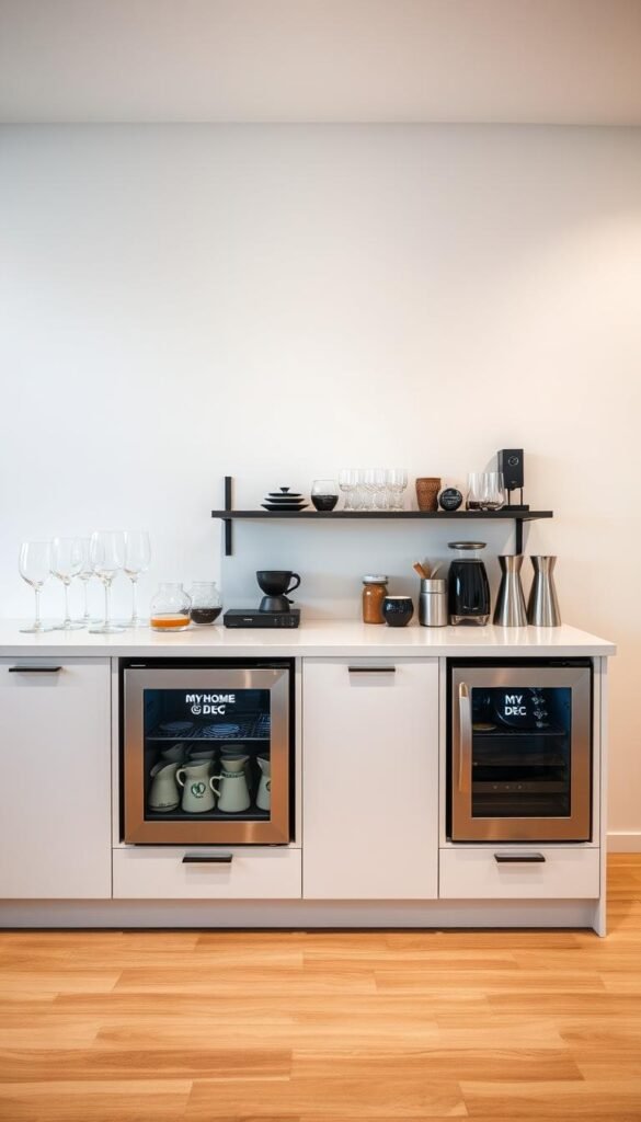 A well-lit room with a sleek, modern kitchen counter featuring a row of stylish beverage stations. Each station has a compact, stainless steel My Home Dec mini fridge, perfectly integrated into the design. The fridges are surrounded by an array of stylish glassware, coffee mugs, and other accoutrements, creating a visually appealing and functional setup. The background is a minimalist, neutral-toned wall, allowing the beverage stations to take center stage. The lighting is soft and even, creating a warm, inviting atmosphere. The camera angle is at eye level, capturing the stations in a clean, uncluttered composition. A well-lit room with a sleek, modern kitchen counter featuring a row of stylish beverage stations. Each station has a compact, stainless steel My Home Dec mini fridge, perfectly integrated into the design. The fridges are surrounded by an array of stylish glassware, coffee mugs, and other accoutrements, creating a visually appealing and functional setup. The background is a minimalist, neutral-toned wall, allowing the beverage stations to take center stage. The lighting is soft and even, creating a warm, inviting atmosphere. The camera angle is at eye level, capturing the stations in a clean, uncluttered composition.