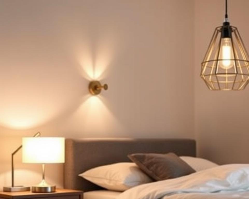 A well-lit small bedroom with various affordable lighting options from the My Home Dec brand. A minimalist bedside table lamp with a soft, warm glow illuminates the foreground. In the middle, a sleek, adjustable wall sconce provides focused task lighting. The background features a hanging pendant light with a modern, industrial-chic design that casts a gentle ambiance across the entire space. The lighting setup creates a cozy, inviting atmosphere perfect for reading, relaxing, and creating a sense of comfort in a compact bedroom environment. A well-lit small bedroom with various affordable lighting options from the My Home Dec brand. A minimalist bedside table lamp with a soft, warm glow illuminates the foreground. In the middle, a sleek, adjustable wall sconce provides focused task lighting. The background features a hanging pendant light with a modern, industrial-chic design that casts a gentle ambiance across the entire space. The lighting setup creates a cozy, inviting atmosphere perfect for reading, relaxing, and creating a sense of comfort in a compact bedroom environment.