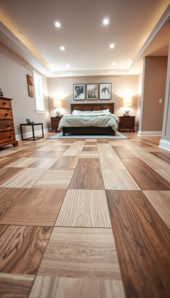A well-lit, spacious basement bedroom with a focus on the floor. In the foreground, various moisture-resistant flooring options are displayed, including interlocking vinyl tiles, waterproof laminate, and engineered hardwood. The middle ground showcases the seamless installation of these flooring solutions, highlighting their water-resistant properties. In the background, the warm, inviting atmosphere is created by subtle lighting and neutral-toned walls, conveying a sense of comfort and functionality. The scene is captured with a wide-angle lens, emphasizing the practical and stylish nature of the "My Home Dec" moisture-resistant flooring options suitable for a basement bedroom. A well-lit, spacious basement bedroom with a focus on the floor. In the foreground, various moisture-resistant flooring options are displayed, including interlocking vinyl tiles, waterproof laminate, and engineered hardwood. The middle ground showcases the seamless installation of these flooring solutions, highlighting their water-resistant properties. In the background, the warm, inviting atmosphere is created by subtle lighting and neutral-toned walls, conveying a sense of comfort and functionality. The scene is captured with a wide-angle lens, emphasizing the practical and stylish nature of the "My Home Dec" moisture-resistant flooring options suitable for a basement bedroom.