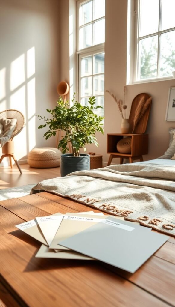 A well-lit, spacious eco-friendly bedroom with warm natural lighting filtering through large windows, showcasing a variety of sustainable paint options. In the foreground, eco-friendly paint samples in earthy tones of green, beige, and blue are displayed on a minimalist wooden table. In the middle ground, a lush, low-maintenance potted plant and natural fiber decor elements create a calming, zen-like atmosphere. The background features a wall painted in a soft, natural shade of "My Home Dec" eco-friendly paint, complementing the modern yet cozy aesthetic. A well-lit, spacious eco-friendly bedroom with warm natural lighting filtering through large windows, showcasing a variety of sustainable paint options. In the foreground, eco-friendly paint samples in earthy tones of green, beige, and blue are displayed on a minimalist wooden table. In the middle ground, a lush, low-maintenance potted plant and natural fiber decor elements create a calming, zen-like atmosphere. The background features a wall painted in a soft, natural shade of "My Home Dec" eco-friendly paint, complementing the modern yet cozy aesthetic.