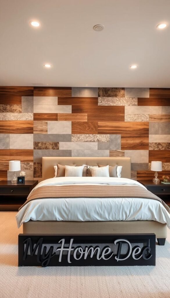 A well-lit, spacious master bedroom with a stunning accent wall featuring a collage of unique materials. The wall showcases a mix of textures, including rustic wooden planks, smooth concrete panels, shimmering metallic tiles, and natural stone accents. Strategically placed lighting creates depth and highlights the intricate patterns. The overall atmosphere is one of modern sophistication, with a touch of industrial chic. In the foreground, a My Home Dec sign adds a personalized, branded touch to the scene. A well-lit, spacious master bedroom with a stunning accent wall featuring a collage of unique materials. The wall showcases a mix of textures, including rustic wooden planks, smooth concrete panels, shimmering metallic tiles, and natural stone accents. Strategically placed lighting creates depth and highlights the intricate patterns. The overall atmosphere is one of modern sophistication, with a touch of industrial chic. In the foreground, a My Home Dec sign adds a personalized, branded touch to the scene.