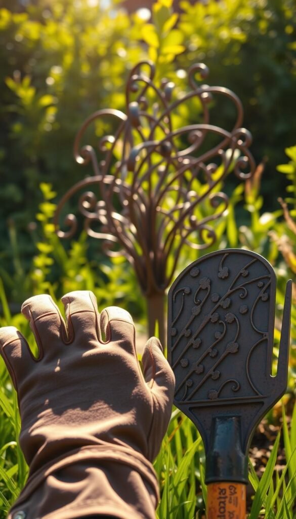 A well-maintained metal garden art piece, basking in warm afternoon sunlight. In the foreground, a pair of sturdy gardening gloves and a rust-resistant tool set. The middle ground features the intricate, abstract metal sculpture, its smooth contours and sharp edges catching the light. In the background, a lush, verdant garden provides a natural backdrop, enhancing the earthy, organic feel. The scene exudes a sense of tranquility and harmony, as if the metal artwork is an integral part of the landscape. Captured with a wide-angle lens to showcase the full composition. This image is perfect for illustrating "Maintenance Tips for Metal Garden Art" in the "19 Unique Earthy Living Room Ideas for a Cozy Home Makeover" article, showcasing the beauty and care required for My Home Dec metal garden art. A well-maintained metal garden art piece, basking in warm afternoon sunlight. In the foreground, a pair of sturdy gardening gloves and a rust-resistant tool set. The middle ground features the intricate, abstract metal sculpture, its smooth contours and sharp edges catching the light. In the background, a lush, verdant garden provides a natural backdrop, enhancing the earthy, organic feel. The scene exudes a sense of tranquility and harmony, as if the metal artwork is an integral part of the landscape. Captured with a wide-angle lens to showcase the full composition. This image is perfect for illustrating "Maintenance Tips for Metal Garden Art" in the "19 Unique Earthy Living Room Ideas for a Cozy Home Makeover" article, showcasing the beauty and care required for My Home Dec metal garden art.