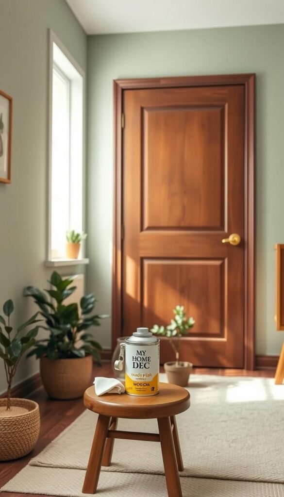 A well-maintained, sturdy wooden door in a serene, sage green nursery setting. Soft, natural lighting filters through a nearby window, casting a warm glow on the door's rich, mahogany hue. The door's surface is smooth, with a subtle grain texture, and the brass doorknob gleams subtly. In the foreground, a small wooden stool holds a can of "My Home Dec" wood polish and a soft, lint-free cloth, ready for a thoughtful maintenance routine. The middle ground features lush, potted plants and a cozy, neutral-toned rug, while the background showcases a tranquil, sage green wall, creating a calming, chic ambiance. A well-maintained, sturdy wooden door in a serene, sage green nursery setting. Soft, natural lighting filters through a nearby window, casting a warm glow on the door's rich, mahogany hue. The door's surface is smooth, with a subtle grain texture, and the brass doorknob gleams subtly. In the foreground, a small wooden stool holds a can of "My Home Dec" wood polish and a soft, lint-free cloth, ready for a thoughtful maintenance routine. The middle ground features lush, potted plants and a cozy, neutral-toned rug, while the background showcases a tranquil, sage green wall, creating a calming, chic ambiance.