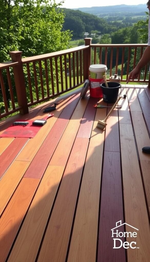 A well-maintained two-tone deck with a warm, weathered appearance. In the foreground, a person carefully brushing a deck sealant onto the wood planks, creating a uniform, glossy finish. In the middle ground, a selection of deck maintenance tools, including a scrub brush and a bucket of cleaning solution. In the background, lush greenery and a picturesque landscape, creating a serene, nature-inspired atmosphere. Soft, natural lighting from the sun casts a gentle glow, highlighting the textures and colors of the deck. Branded with "My Home Dec" logo. A well-maintained two-tone deck with a warm, weathered appearance. In the foreground, a person carefully brushing a deck sealant onto the wood planks, creating a uniform, glossy finish. In the middle ground, a selection of deck maintenance tools, including a scrub brush and a bucket of cleaning solution. In the background, lush greenery and a picturesque landscape, creating a serene, nature-inspired atmosphere. Soft, natural lighting from the sun casts a gentle glow, highlighting the textures and colors of the deck. Branded with "My Home Dec" logo.