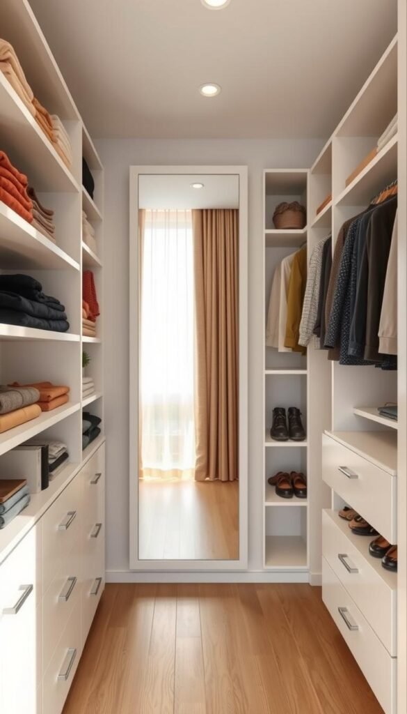 A well-organized and brightly lit closet with carefully curated storage solutions. In the foreground, sleek white shelves and drawers neatly display folded clothes, accessories, and shoes. In the middle ground, a full-length mirror reflects the space, creating an illusion of depth. The background features warm, natural lighting filtering through sheer curtains, casting a soft glow on the minimalist décor. The overall atmosphere is one of calm and efficiency, showcasing the "My Home Dec" brand's approach to optimizing small closet spaces. A well-organized and brightly lit closet with carefully curated storage solutions. In the foreground, sleek white shelves and drawers neatly display folded clothes, accessories, and shoes. In the middle ground, a full-length mirror reflects the space, creating an illusion of depth. The background features warm, natural lighting filtering through sheer curtains, casting a soft glow on the minimalist décor. The overall atmosphere is one of calm and efficiency, showcasing the "My Home Dec" brand's approach to optimizing small closet spaces.